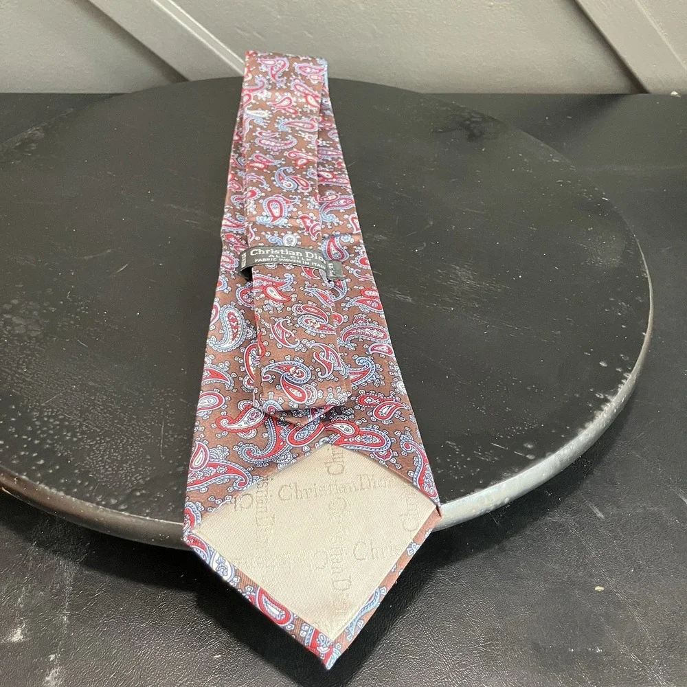 Christian Dior All Silk Paisley Necktie Brown Red Blue Made in Italy Luxury Tie